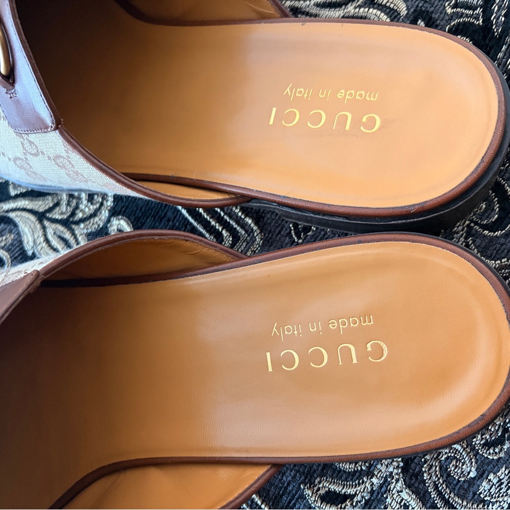 Gucci Beige and Brown Monogram Mules with Gold Detail - Picture 8 of 8